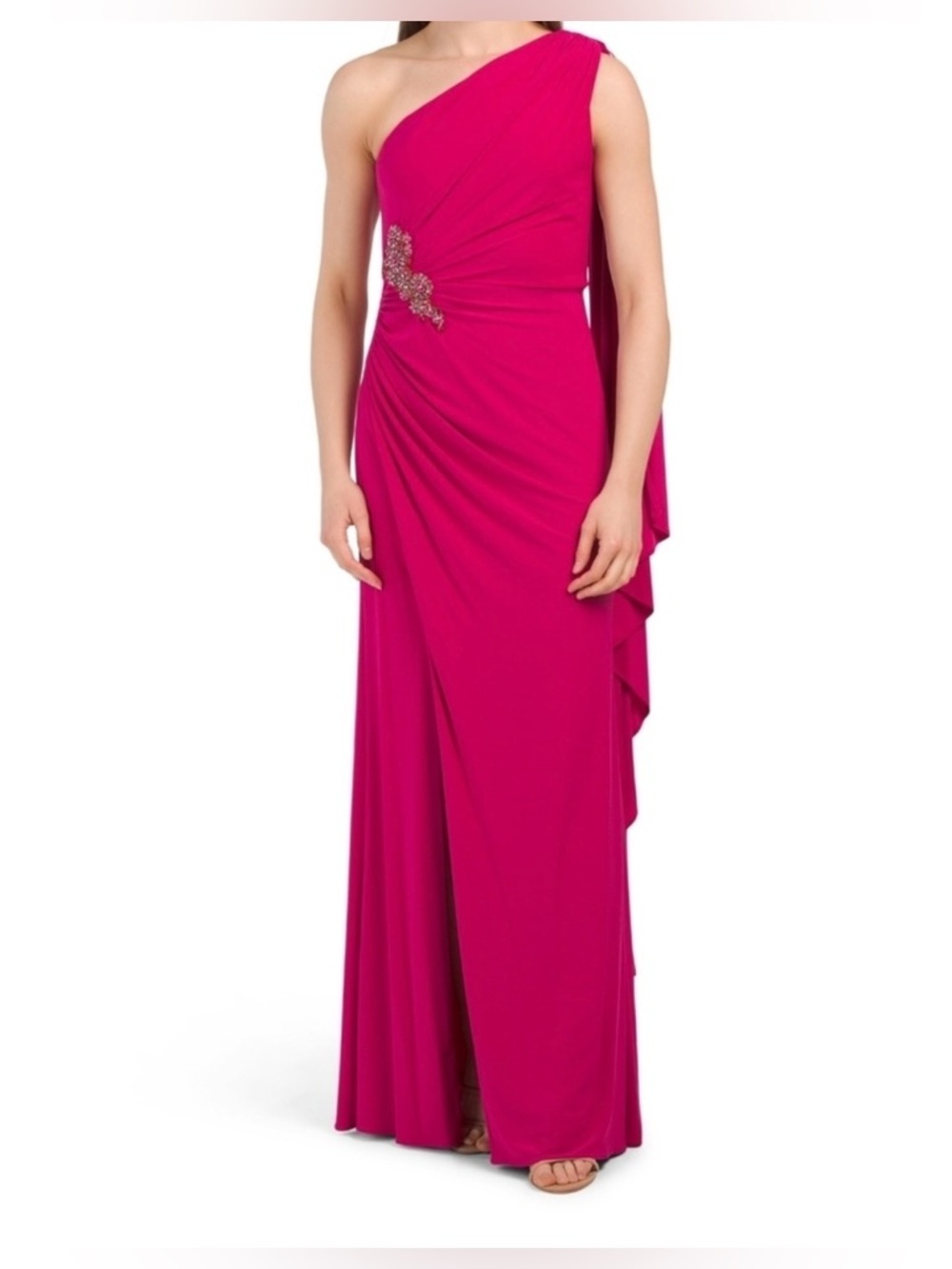 NWT Adrianna Papell One Shoulder Jersey Evening Gown Bright Rose Pink Sz 2